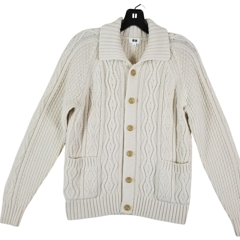 Uniqlo Cable Knit‎ Cardigan Mens Small Cream Shawl Collar Wool Blend 351-409404